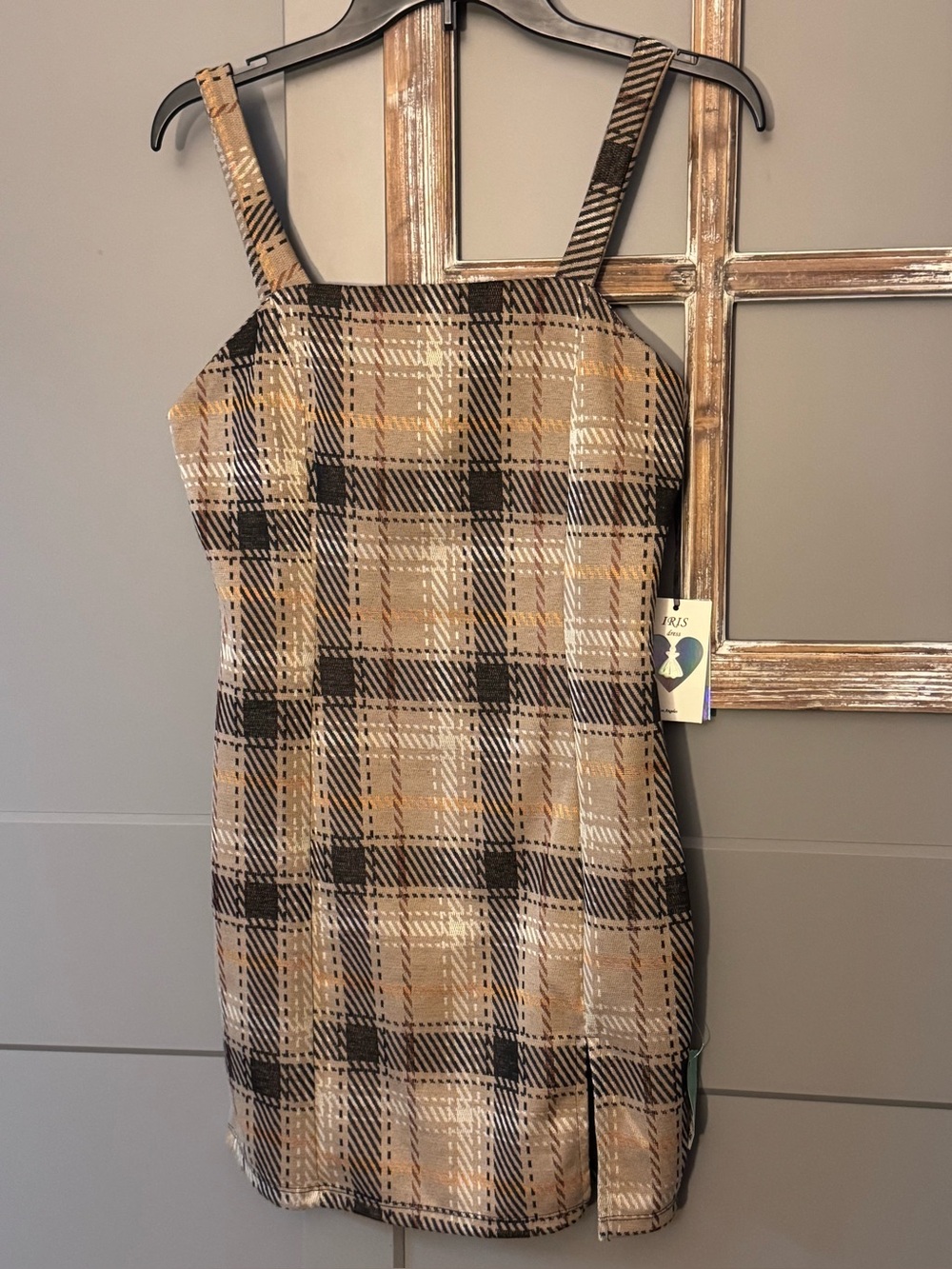 iris Plaid Mini Dress in Tan and Black